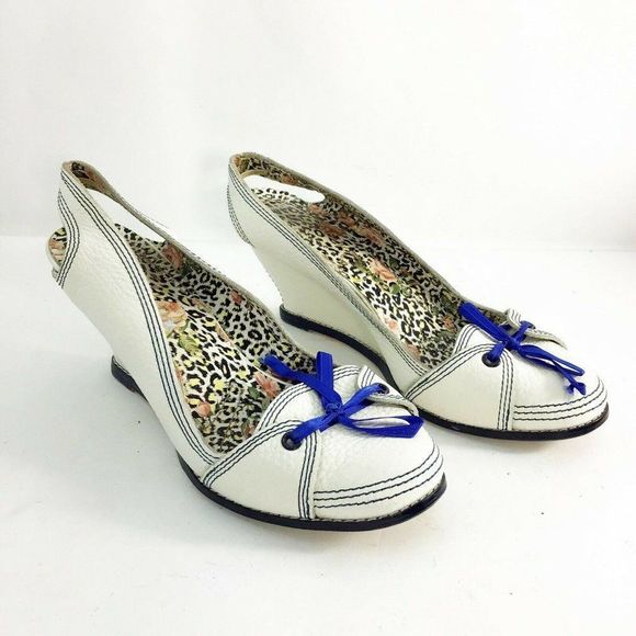 Irregular Choice White Leather Wedge Slingback Heels Pin Up Bow Tie Ribbon 9 - Picture 1 of 12